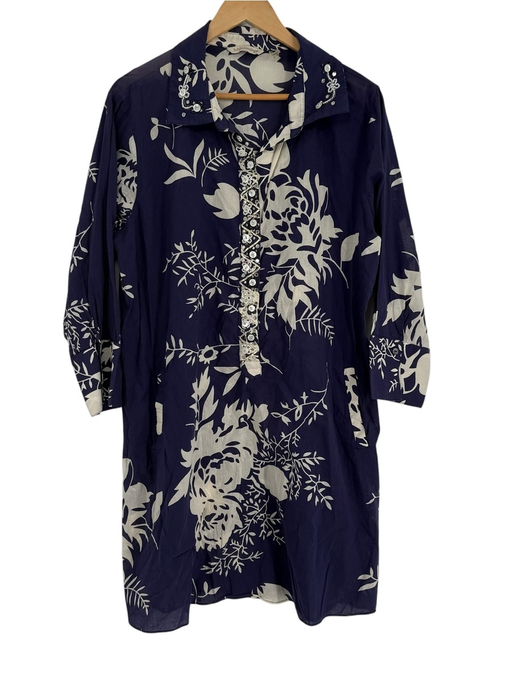 Soft Surroundings Navy Floral Beaded Tunic Dress Pockets Size XL Leaf Floral
